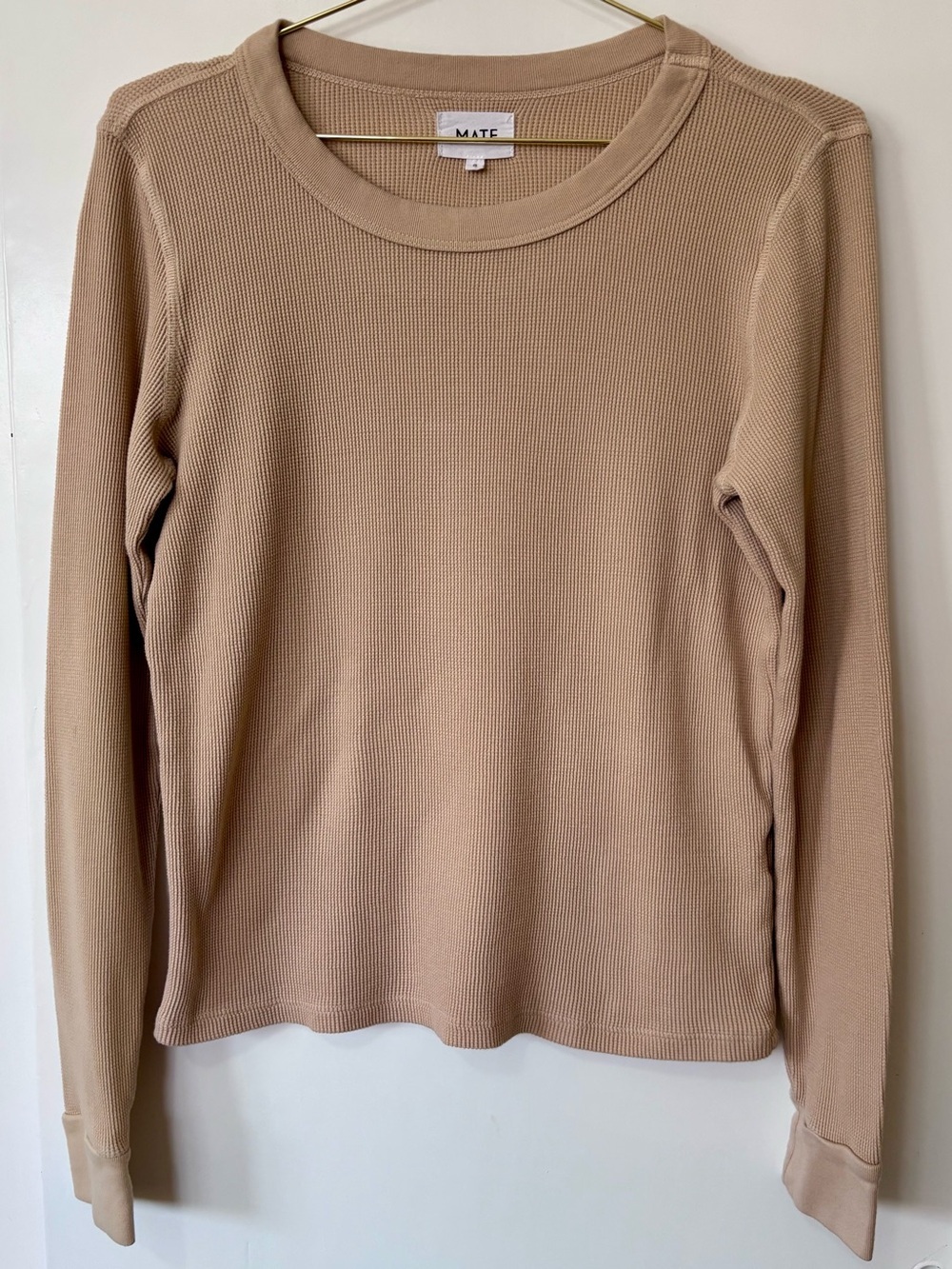MATE the Label|Waffle Knit Organic Cotton Long-Sleeve Crewneck Top in Beige Sz S